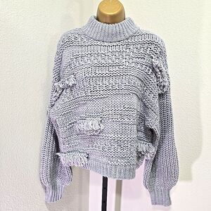 Gray Fisherman Wool Blend Chunky Cable Knit Sweater Womens Oversized Sm Fringe